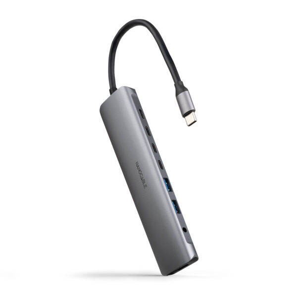 Hub USB-C 8 en 1, Conversor USB-C 3.1 a 2xUSB-A 3.0 + 3xUSB-C 3.0 + USB-C PD + HDMI 4K@60Hz + Audio Jack 3.5, Aluminio, Gris, 18 cm