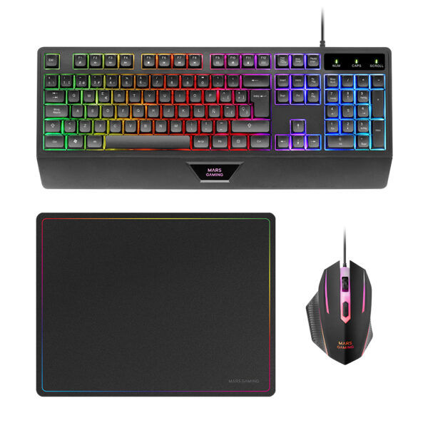 MCP124, Combo Gaming 3en1, Teclado Ergonómico H-Mech LED RGB, Ratón RGB 3200DPI Switches HUANO, Alfombrilla Nanotextil 360x260mm, Compatibilidad Multiplataforma, Layout Español, Negro