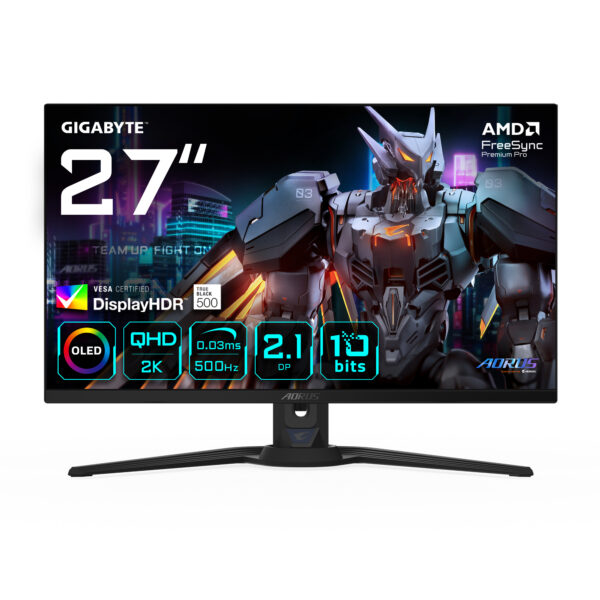 AORUS FO27Q5P Monitor Gaming OLED QHD  2560 x 1440, 500Hz, 0,03ms, KVM, 300 cd/m², FreeSync Premium Pro, DisplayHDR True Black 500, DisplayPort 2.1