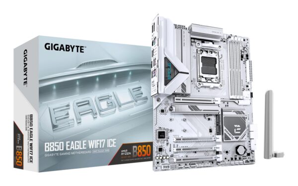 B850 EAGLE WIFI7 ICE Placa base - Procesadores AMD Ryzen serie 9000, VRM digital de 8+2+2 fases, hasta 8200 MHz DDR5 (O.C.), 1x M.2 PCIe 5.0 + 2x M.2 PCIe 4.0, Wi-Fi 7, LAN 2.5 GbE, USB 3.2 Gen 2
