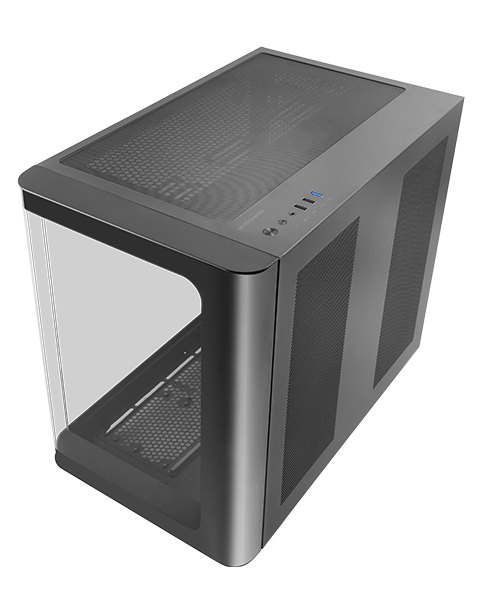 MC-FUSION, Caja Gaming ATX, Ventana Lateral Completa y Frontal Curvo Cristal Templado Continuo, Semitorre PC Doble Cámara, Soporte Refrigeración Líquida, Espacio Interno Optimizado, Negro