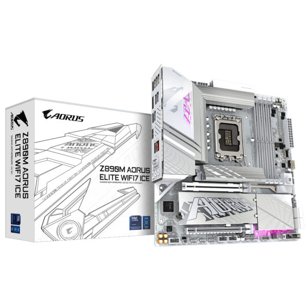 Placa base Z890M AORUS ELITE WIFI7 ICE - Compatible con CPUs Intel Core Ultra (Serie 2), VRM de 12+1+2 fases, hasta 8800MHz DDR5 (OC), 1xPCIe 5.0 + 2xPCIe 4.0, Wi-Fi 7, LAN 2.5GbE, USB 4