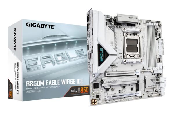 B850M EAGLE WIFI6E ICE Placa Base  Procesadores AMD Ryzen serie 9000, VRM digital de 8+2+2 fases, hasta 8200 MHz DDR5 (OC), 1 x M.2 PCIe 5.0 + 1 x PCIe 4.0, Wi-Fi 6E, LAN 2.5 GbE, USB 3.2 Gen 2