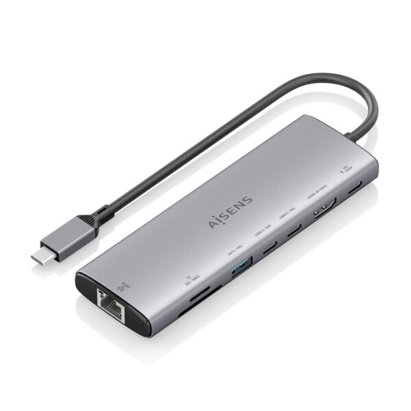 USB-C Dock 8 en 1, USB-C a 1xHDMI, 1xRJ45, 1xUSB-A 10G, 2xUSB-C 10G, 1xSD, 1xMicroSD, 1xUSB-C PD 100W, Gris, 20cm