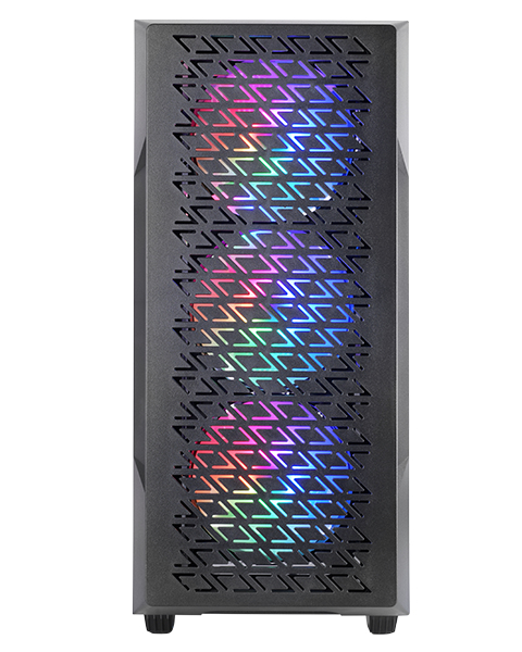 MC-GEO, Caja Gaming ATX, 4x Ventiladores FRGB Rainbow 12cm, Panel Frontal Mesh Geométrico, Ventana Lateral Cristal Templado, Semitorre PC Doble Cámara, Soporte Refrigeración Líquida, Negro