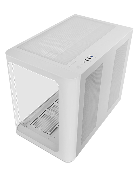 MC-FUSION, Caja Gaming ATX, Ventana Lateral Completa y Frontal Curvo Cristal Templado Continuo, Semitorre PC Doble Cámara, Soporte Refrigeración Líquida, Espacio Interno Optimizado, Blanco