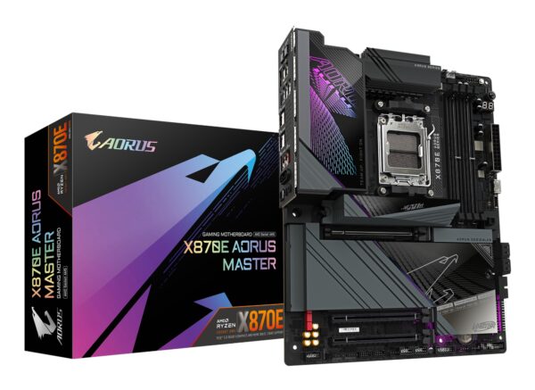 X870E AORUS MASTER Placa Base - Compatible con CPUs AMD Ryzen 9000, 16+2+2 fases VRM digitales, hasta 8600MHz DDR5 (OC), 3xPCIe 5.0 + 1xPCIe 4.0, Wi-Fi 7, LAN 5GbE, USB 4