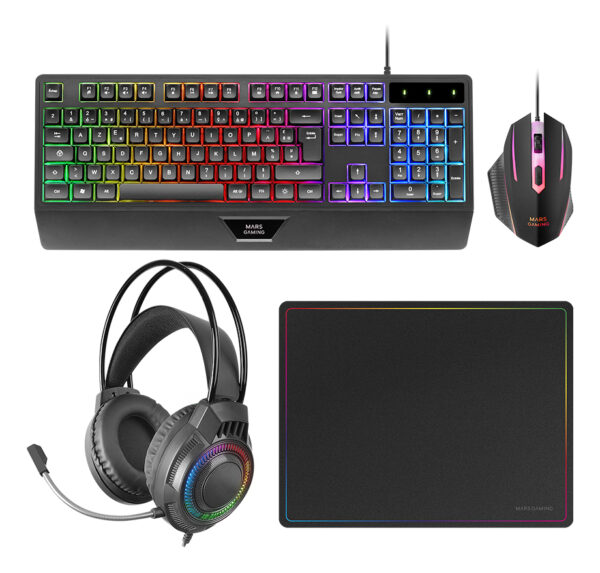 MCP124PRO, Combo Gaming 4en1, Teclado RGB H-Mech con Reposamuñecas, Ratón RGB 3200DPI y Switches HUANO, Auriculares FRGB, Alfombrilla Nanotextil 36x26cm, Multiplataforma, Español, Negro