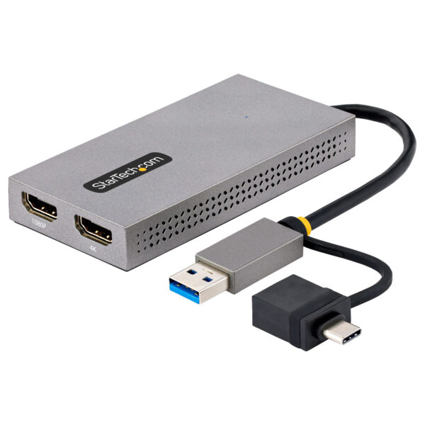 Adaptador de USB a HDMI Doble, USB A/C a 2 Pantallas HDMI (1x 4K30Hz, 1x 1080p), Dongle Integrado USB-A a C, Cable de 11cm, Adaptador USB 3.0 a HDMI, Windows y macOS