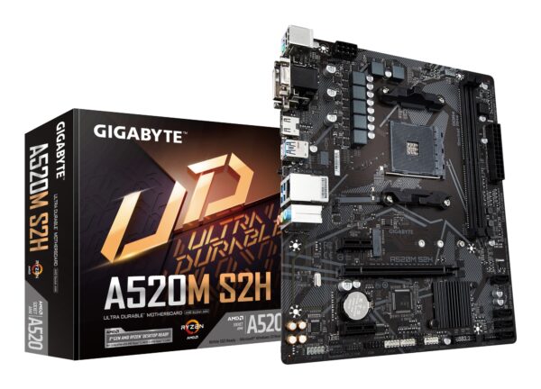 Placa base A520M S2H - Soporta CPUs AMD Ryzen serie 5000 AM4, VRM digital puro de 4+3 fases, hasta 5100MHz DDR4 (OC), PCIe 3.0 x4 M.2, LAN GbE, USB 3.2 Gen 1
