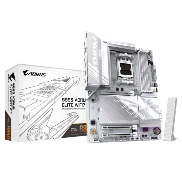 B850 AORUS ELITE WIFI7 ICE Placa Base - Procesadores AMD Ryzen Serie 9000, VRM digital de 14+2+2 fases, hasta 8200MHz DDR5 (OC), 1xPCIe 5.0 + 2xPCIe 4.0 M.2, LAN 2.5, WIFI 7, USB 3.2 Gen 2x2