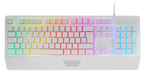 MK124, Teclado Ergonómico H-Mech, Reposamuñecas Integrado, Iluminación FRGB Rainbow, Teclado Gaming Antighosting Avanzado, Teclado PC Completo Multiplataforma, Idioma Español, Blanco