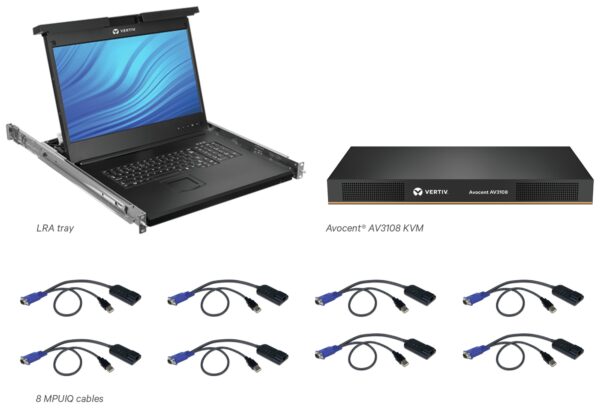 Avocent Consola LCD de acceso directo al rack de 19" con conmutador KVM AutoView 2108 digital o analógico de 8 puertos, teclado USB, RAK-Key para acceso digital y 8 cables MPUIQ-VMCHS, US INTL