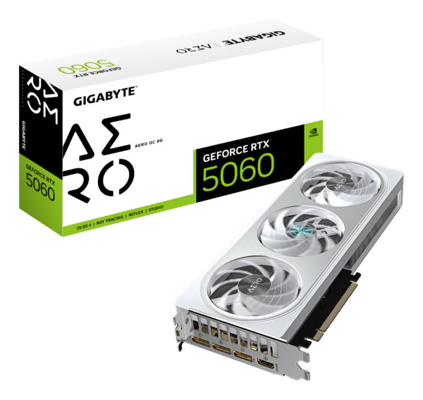 GeForce RTX 5060 AERO OC 8G Tarjeta Gráfica - 8GB GDDR7, 128bit, PCI-E 5.0, 2595 MHz Frecuencia del núcleo, 3 x DisplayPort, 1 x HDMI, GV-N5060AERO OC-8GD