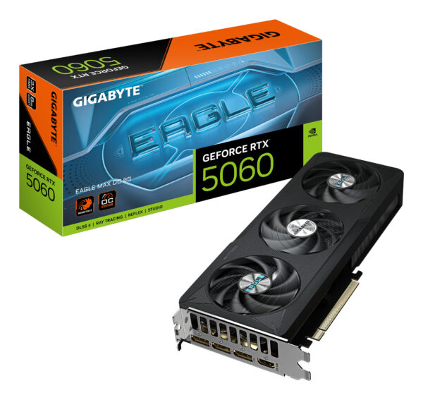 GeForce RTX 5060 EAGLE MAX OC 8G Tarjeta Gráfica  8 GB GDDR7, 128 bits, PCI-E 5.0, frecuencia de núcleo 2550 MHz, 3 x DisplayPort, 1 x HDMI, NVIDIA DLSS 4, GV-N5060EAGLEMAX OC-8GD 1.0