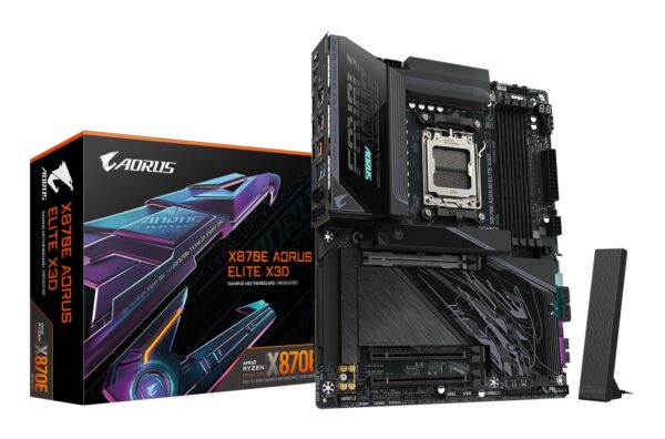X870E AORUS ELITE X3D Placa Base  Compatible con procesadores AMD Ryzen 9000, VRM digital de 16+2+2 fases, hasta 9000 Hz DDR5 (OC), 2 x PCIe 5.0 + 2 x PCIe 4.0, Wi-Fi 7, LAN 5 GbE, USB 4