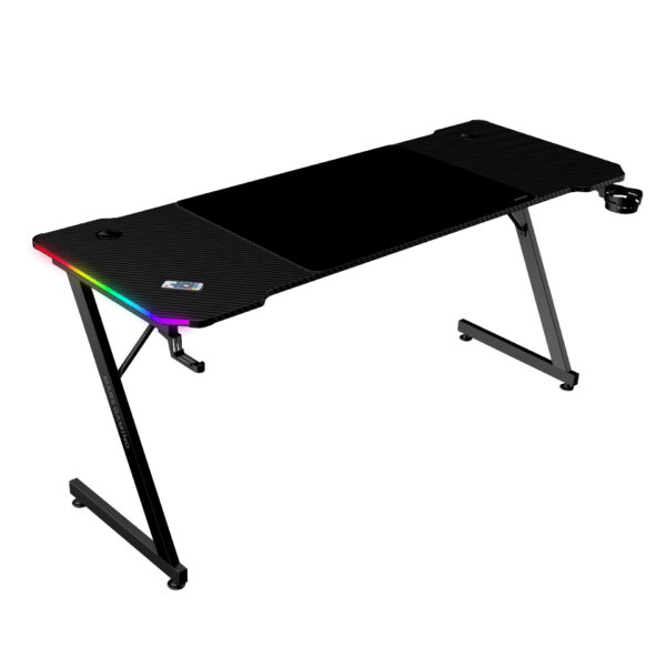 MGD-X160RGB, Mesa Gaming Ergonómica, Iluminación ARGB con Mando, Fibra de Carbono, Alfombrilla XXL, Soporte Auriculares y Bebida, Gestión Cableado, Escritorio Gaming 160x60cm, Negro
