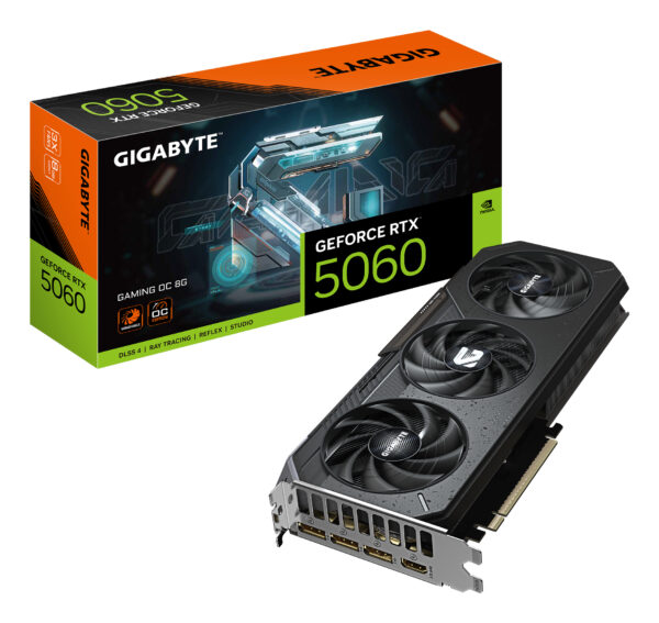 GeForce RTX 5060 GAMING OC 8G Tarjeta Gráfica - 8GB GDDR7, 128bit, PCI-E 5.0, 2595 MHz Frecuencia del núcleo, 3 x DisplayPort, 1 x HDMI, GV-N5060GAMING OC-8GD