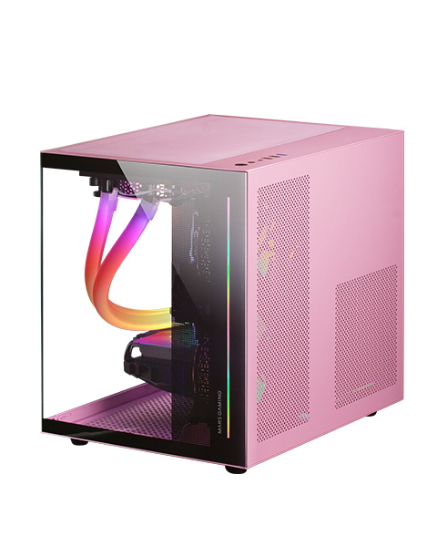 MC-VIEW Rosa, Caja Minitorre Gaming Micro-ATX, Cristal Templado 90° Sin Marco, Estructura Modular Doble Cámara, Soporte Completo para Refrigeración Líquida