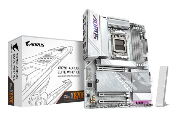 X870E AORUS ELITE WIFI7 ICE Placa base - Soporta procesadores AMD Ryzen 9000, VRM digital de 16+2+2 fases, hasta 8200 MHz DDR5 (O.C.), 3x PCIe 5.0 + 1x PCIe 4.0, Wi-Fi 7, LAN 2.5 GbE, USB 4