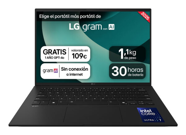 Gram 14Z90T-G.AD8BB ordenador portatil Intel Core Ultra 7 255H Portátil 35,6 cm (14") WUXGA 32 GB LPDDR5x-SDRAM 2 TB SSD Wi-Fi 6E (802.11ax) Windows 11 Home Español Negro