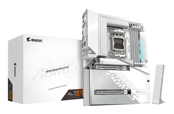X870 AORUS STEALTH ICE Placa Base  Compatible con procesadores AMD Ryzen 9000, VRM digital de 16+2+2 fases, hasta 8200 MHz DDR5 (OC), 2 x PCIe 5.0 + 2 x PCIe 4.0, Wi-Fi 7, LAN 5 GbE, USB 4