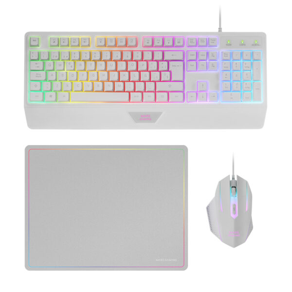 MCP124, Combo Gaming 3en1, Teclado Ergonómico H-Mech LED RGB, Ratón RGB 3200DPI Switches HUANO, Alfombrilla Nanotextil 360x260mm, Compatibilidad Multiplataforma, Layout Español, Blanco