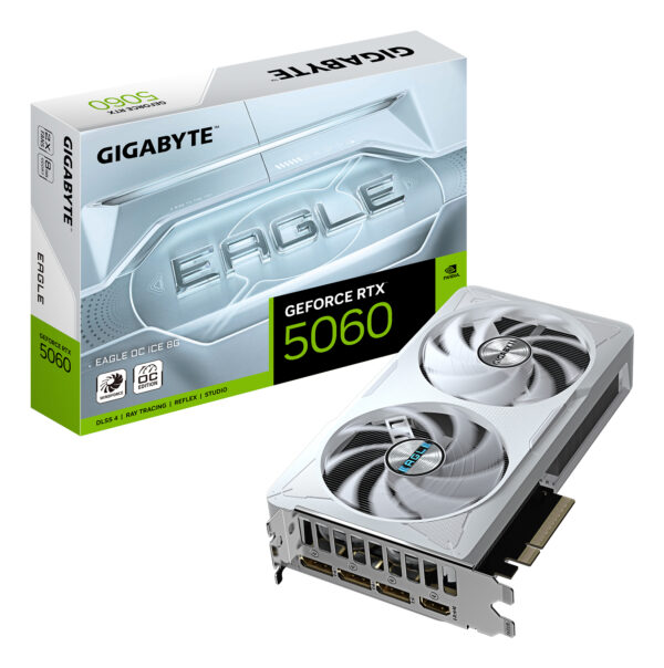 GeForce RTX 5060 EAGLE OC ICE 8G Tarjeta Gráfica - 8GB GDDR7, 128bit, PCI-E 5.0, 2550 MHz Frecuencia del núcleo, 3 x DisplayPort, 1 x HDMI, GV-N5060EAGLEOC ICE-8GD