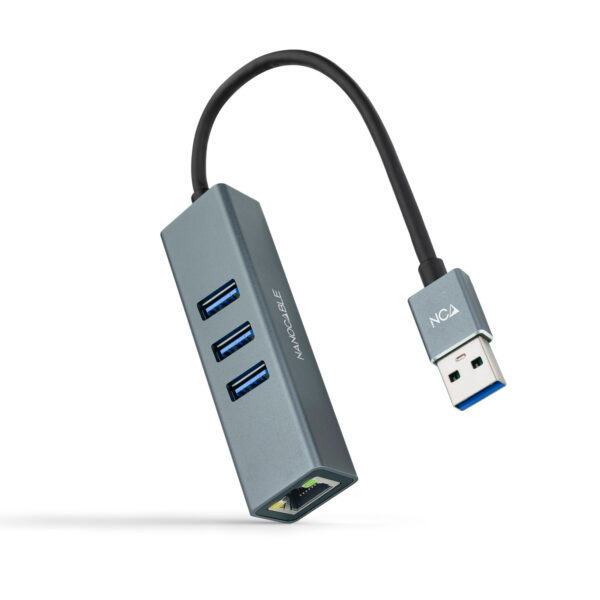 Conversor USB 3.0 a Ethernet Gigabit + 3XUSB 3.0, Aluminio, Gris, 15 cm