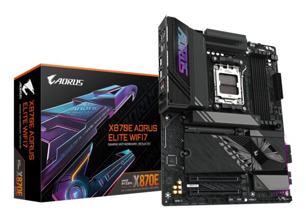 X870E AORUS ELITE WIFI7 Placa Base - Compatible con CPUs AMD Ryzen 9000, 16+2+2 fases VRM digitales, hasta 8000Hz DDR5 (OC), 3xPCIe 5.0 + 1xPCIe 4.0, Wi-Fi 7, LAN 2.5GbE, USB 4