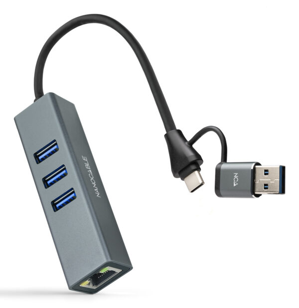 Conversor USB-C+USB-A/M 3.0 a Ethernet + 3xUSB-A 3.0, Aluminio, Gris, 15 cm