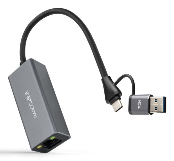 Conversor USB-C+USB-A/M 3.0 a Ethernet, Aluminio, Gris, 15 cm