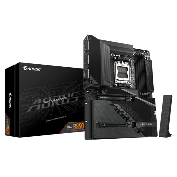B850 AORUS STEALTH Placa Base  CPUs AMD Ryzen Serie 9000, VRM digital de 14+2+2 fases, hasta 8200 MHz DDR5 (O.C.), 2× M.2 PCIe 5.0 + 2× M.2 PCIe 4.0, Wi-Fi 7, LAN 5 GbE, USB 3.2 Gen 2