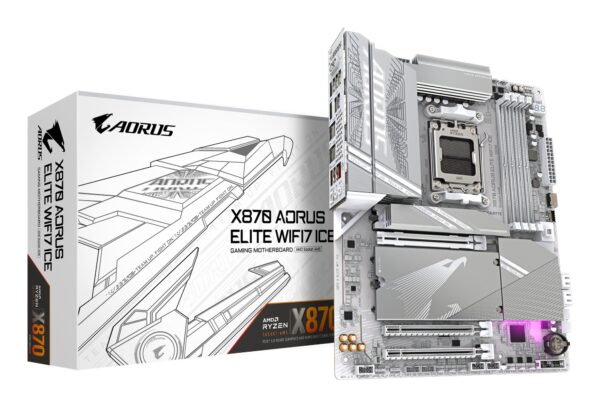 X870 AORUS ELITE WIFI7 ICE Placa Base - Compatible con CPUs AMD Ryzen 9000, 16+2+2 fases VRM digital, hasta 8200MHz DDR5 (OC), 3xPCIe 5.0 + 1xPCIe 4.0, Wi-Fi 7, LAN 2.5GbE, USB 4