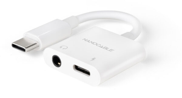 Adaptador de Audio USB-C/M a Jack 3.5/H + USB-C/H PD 60W, 11.5 cm, Blanco