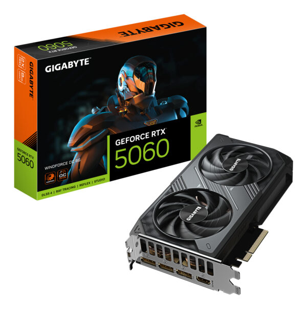 GeForce RTX 5060 WINDFORCE OC 8G Tarjeta Gráfica - 8GB GDDR7, 128bit, PCI-E 5.0, 2512 MHz Frecuencia del núcleo, 3 x DisplayPort, 1 x HDMI, GV-N5060WF2OC-8GD