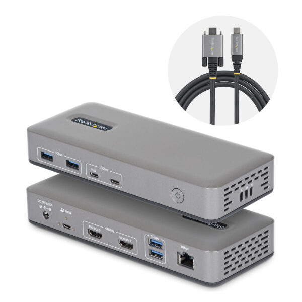 Docking Station USB-C de 2 Monitores HDMI - 4K 60Hz - Red Ethernet de 1Gbps - Dock Multipantalla - PD de 100W para Carga de Portátiles - Sin Controladores - Replicador de Puertos Windows