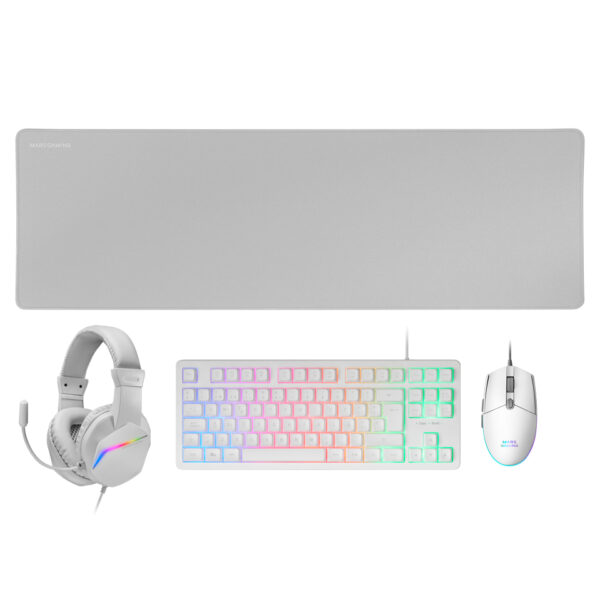 MCP-RGB3, Pack Gaming Teclado Fixed RGB + Ratón Gaming RGB Flow 3200 DPI + Auriculares Over-Ear RGB + Alfombrilla XXL, Blanco, Idioma Español