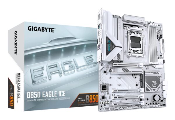 B850 EAGLE ICE Placa Base  Procesadores AMD Ryzen serie 9000, VRM digital de 8+2+2 fases, hasta 8200 MHz DDR5 (O.C), 1 x M.2 PCIe 5.0 + 2 x M.2 PCIe 4.0, LAN 2.5 GbE, USB 3.2 Gen 2