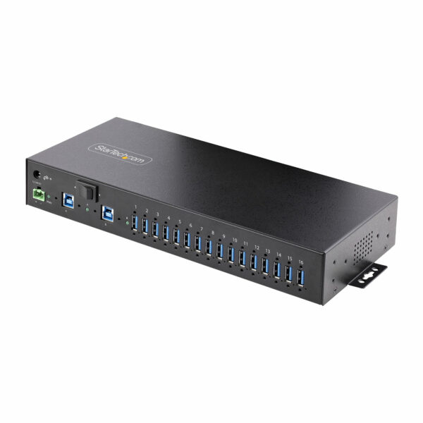 Hub Ladrón Industrial de Metal USB 3.0 5Gbps de 16 Puertos - de Montaje - Alimentación por Bloque de Terminales - Protección ESD - Carga por USB - para 2 Hosts