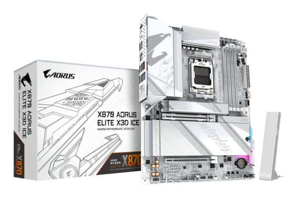 X870 AORUS ELITE X3D ICE Placa Base - Compatible con procesadores AMD Ryzen 9000, VRM digital de 16+2+2 fases, hasta 9000Hz DDR5 (OC), 2xPCIe 5.0 + 2xPCIe 4.0, Wi-Fi 7, LAN 2.5GbE, USB 4
