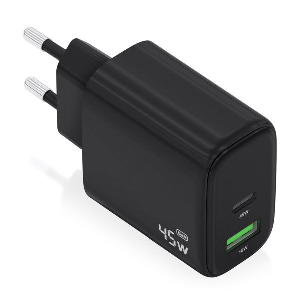Cargador GaN 45W, 1xUSB-C PD3.0 QC4.0, 1xUSB-A QC3.0, Negro