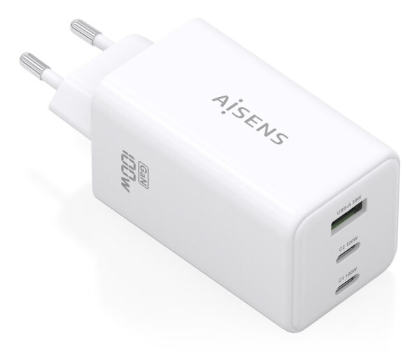 Cargador GaN 100W, 2x USB-C PD3.0 QC4.0 QC5.0, 1x USB-A QC3.0, Blanco