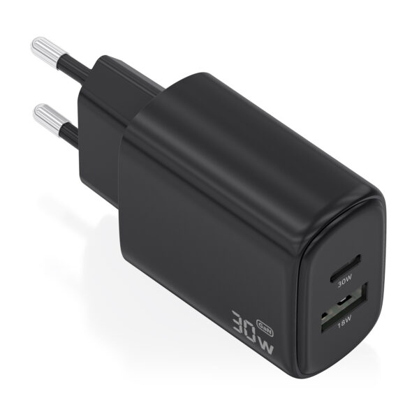Cargador GaN 30W, 1xUSB-C PD3.0 QC4.0, 1xUSB-A QC3.0, Negro