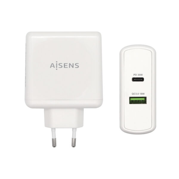 Cargador 48 W, 1x USB-C PD3.0 30 W, 1x USB-A QC3.0 18 W, Blanco