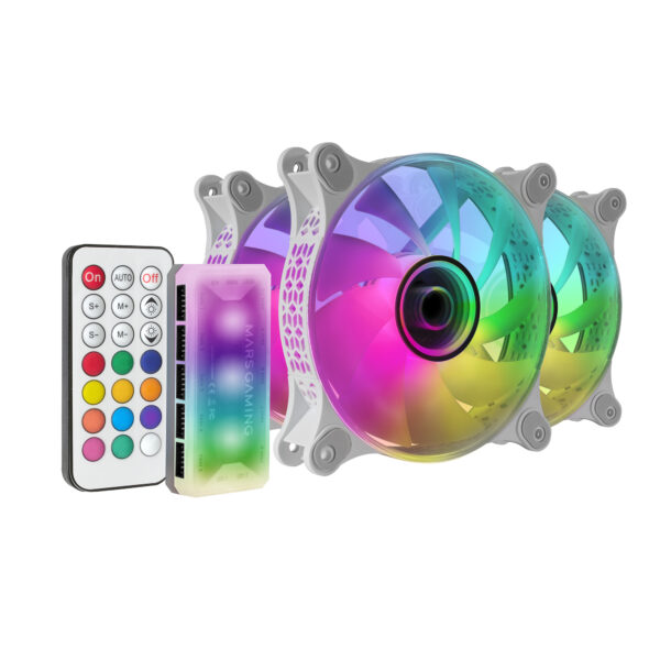 MF-3DKIT Blanco, Kit 3 Ventiladores ARGB 360° 12cm, Espejo Infinito 3D, Sistema Anti-vibraciones, Controlador ARGB, Mando a Distancia RF, Compatibilidad Total