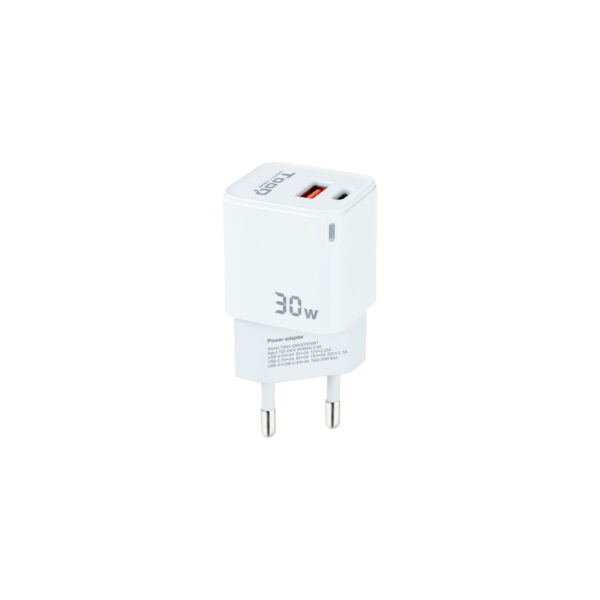 Cargador de Pared GaN USB-C/PD + USB-A/QC 30W, Blanco