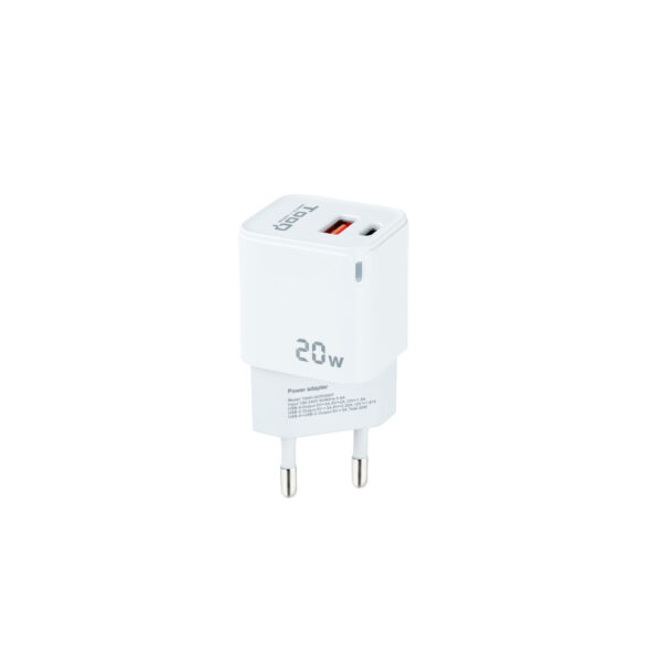 Cargador de Pared USB-C/PD + USB-A/QC 20W, Blanco