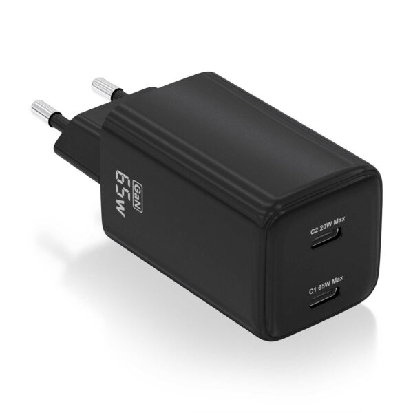 Cargador Gan 65W, 2xUSB-C PD3.0 QD4.0, Negro