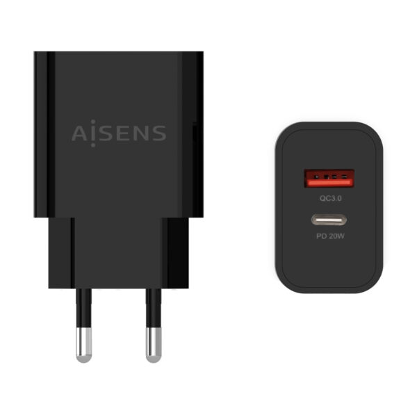 Cargador 20W, 1xUSB-C PD3.0, 1xUSB-A QC3.0, Negro